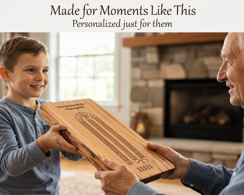 Gifting a personalized live edge crib board to grandpa in a cozy living room with a fireplace in the background. Text at the top reads, 'Made for Moments Like This Personalized just for them.