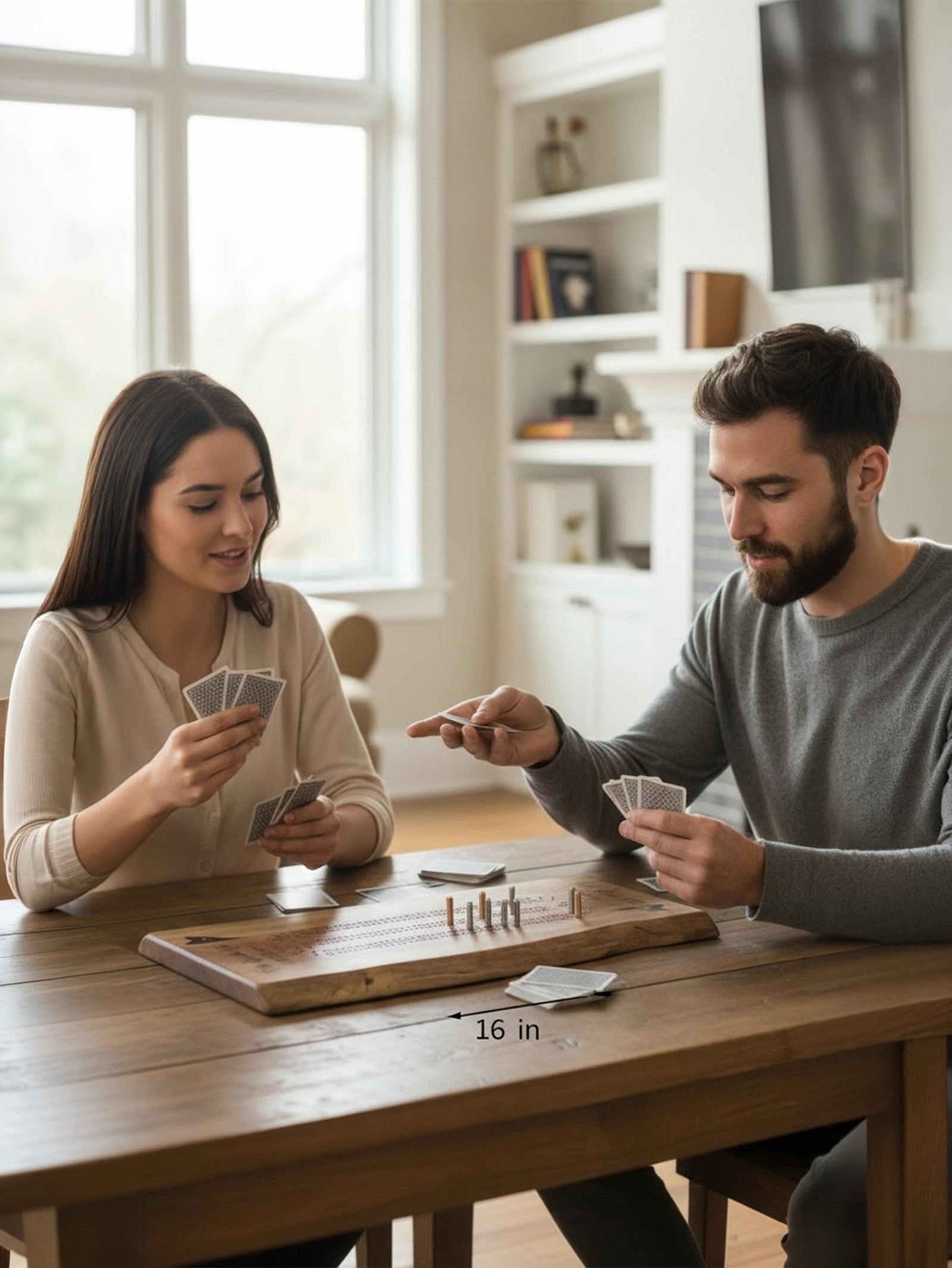 A live edge walnut solid wood cribbage board engraved with The Smith Family, Est. 1980, displayed alongside a live edge walnut charcuterie spread with cheese, meats, and olives. Cards and a wine glass complete the cozy, personalized game night setup