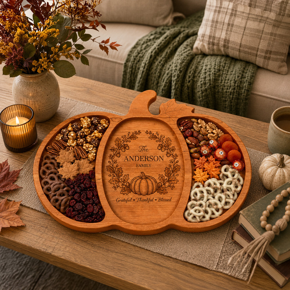 Personalized Cherry Wood Pumpkin Serving Tray