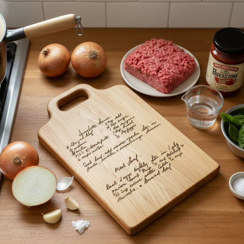 A wooden cutting board with engraved recipe is surrounded by fresh ingredients.