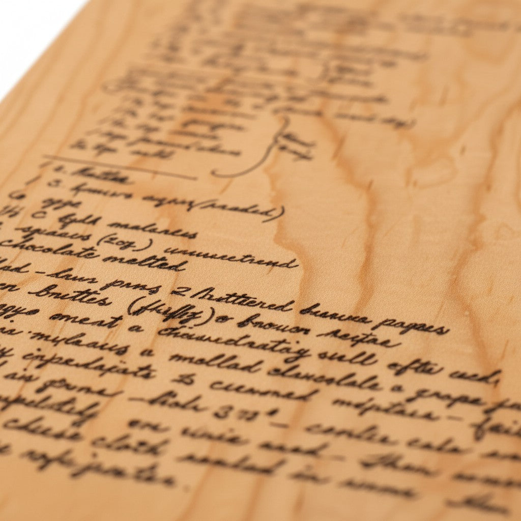Close up of an engraved recipe board made of face grain maple hardwood.