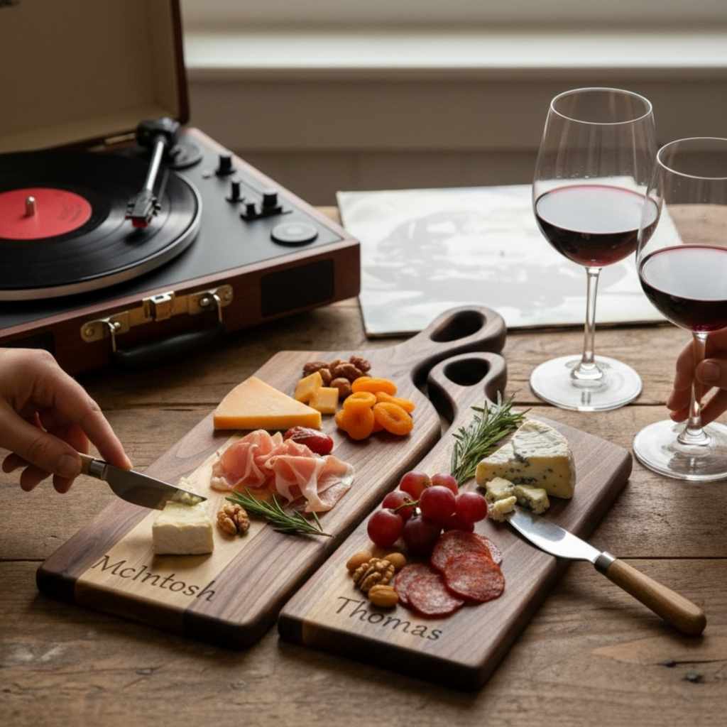 Personalized nesting cheese board set styled with wine and charcuterie for romantic couples night at home