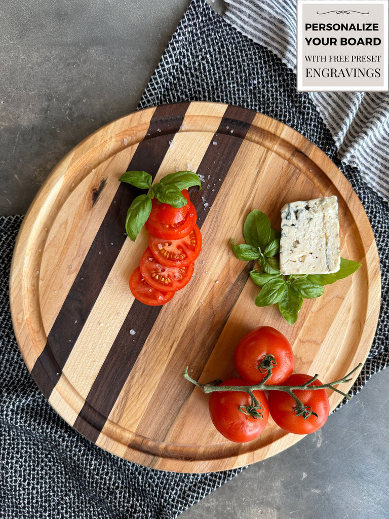 The Round 12x12 Edge Grain Maple & Walnut Accent Cutting Board