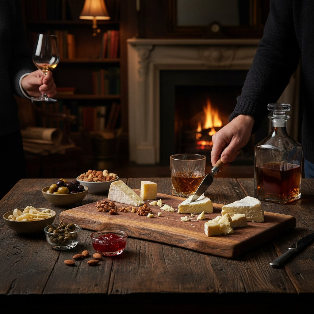Person cutting cheese with a knife on a wooden charcuterie board, surrounded by food and drinks in a cozy room with a fireplace.