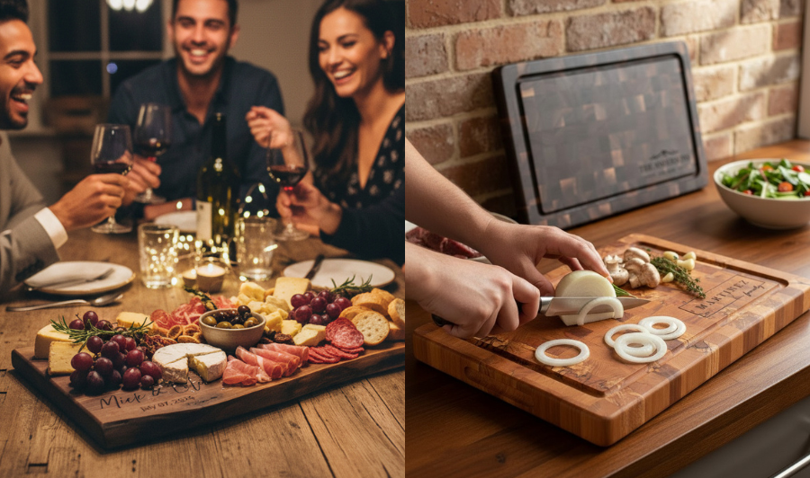 Charcuterie board used for serving food beside a wooden cutting board used for meal prep