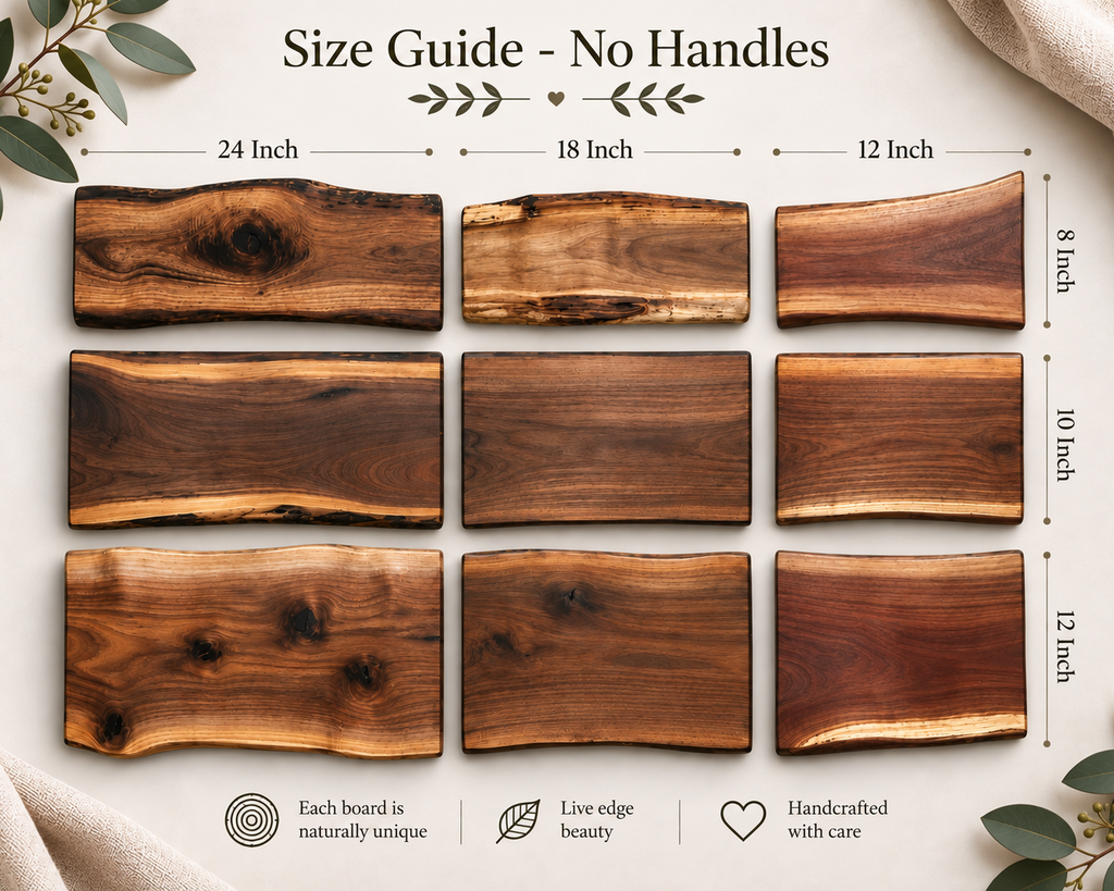 Size guide graphic showing nine rectangular live-edge wood boards arranged in a grid with dimensions labeled 24, 18, and 12 inches by 8, 10, and 12 inches. Text at the top reads 'Size Guide - No Handles,' and decorative leaves and fabric appear around the boards.