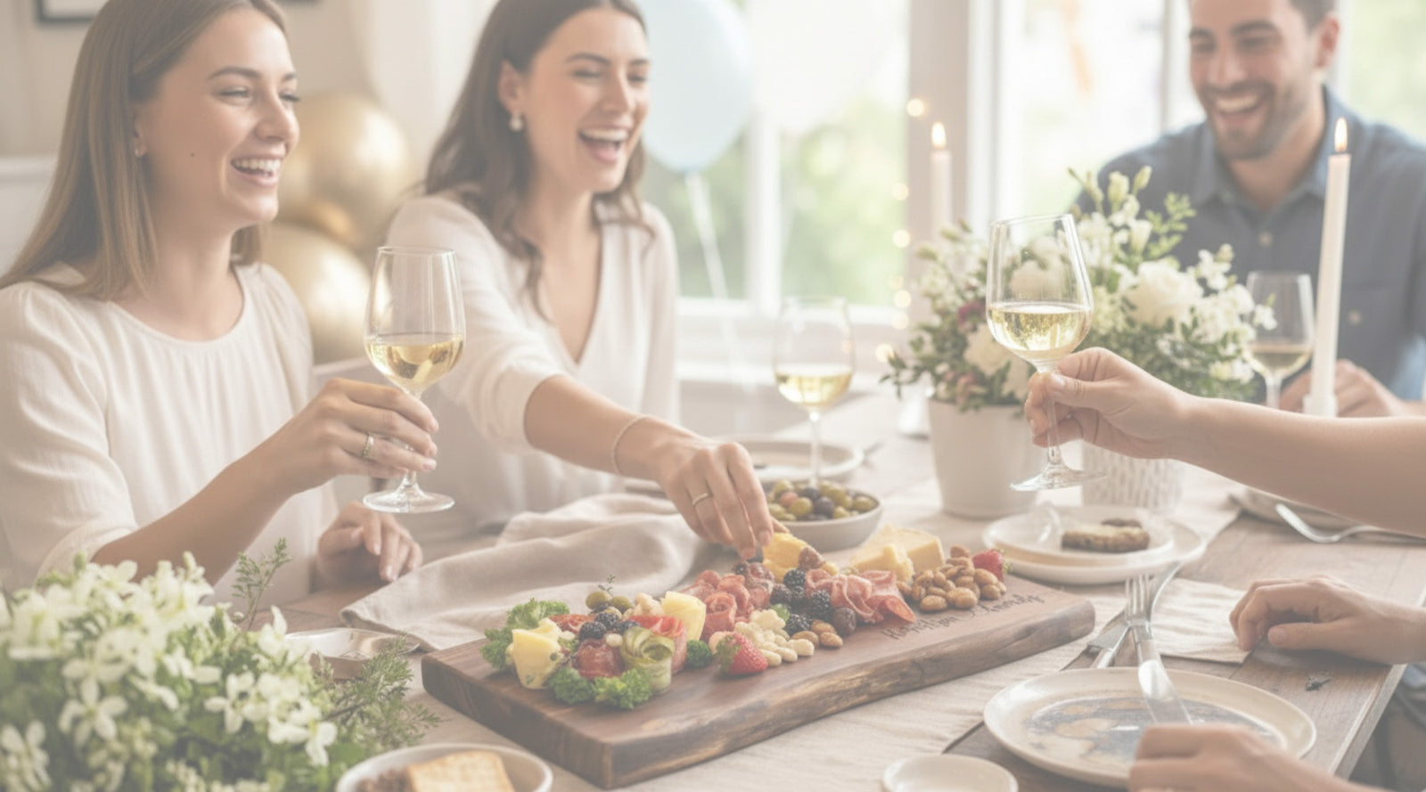 Friends enjoying food served on a walnut charcuterie board, a meaningful gift for gatherings