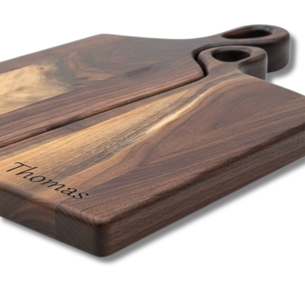 Side profile of personalized nesting charcuterie board showing premium hardwood craftsmanship