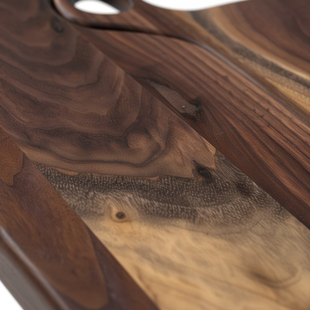 Natural walnut wood grain detail on personalized nesting cutting board handcrafted for couples gifts