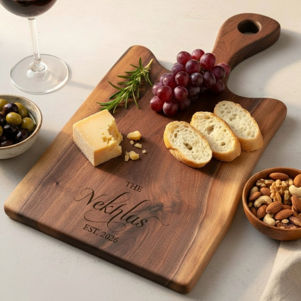 Black Walnut Live Edge Charcuterie Board with Handle | Wedding & Housewarming Gift