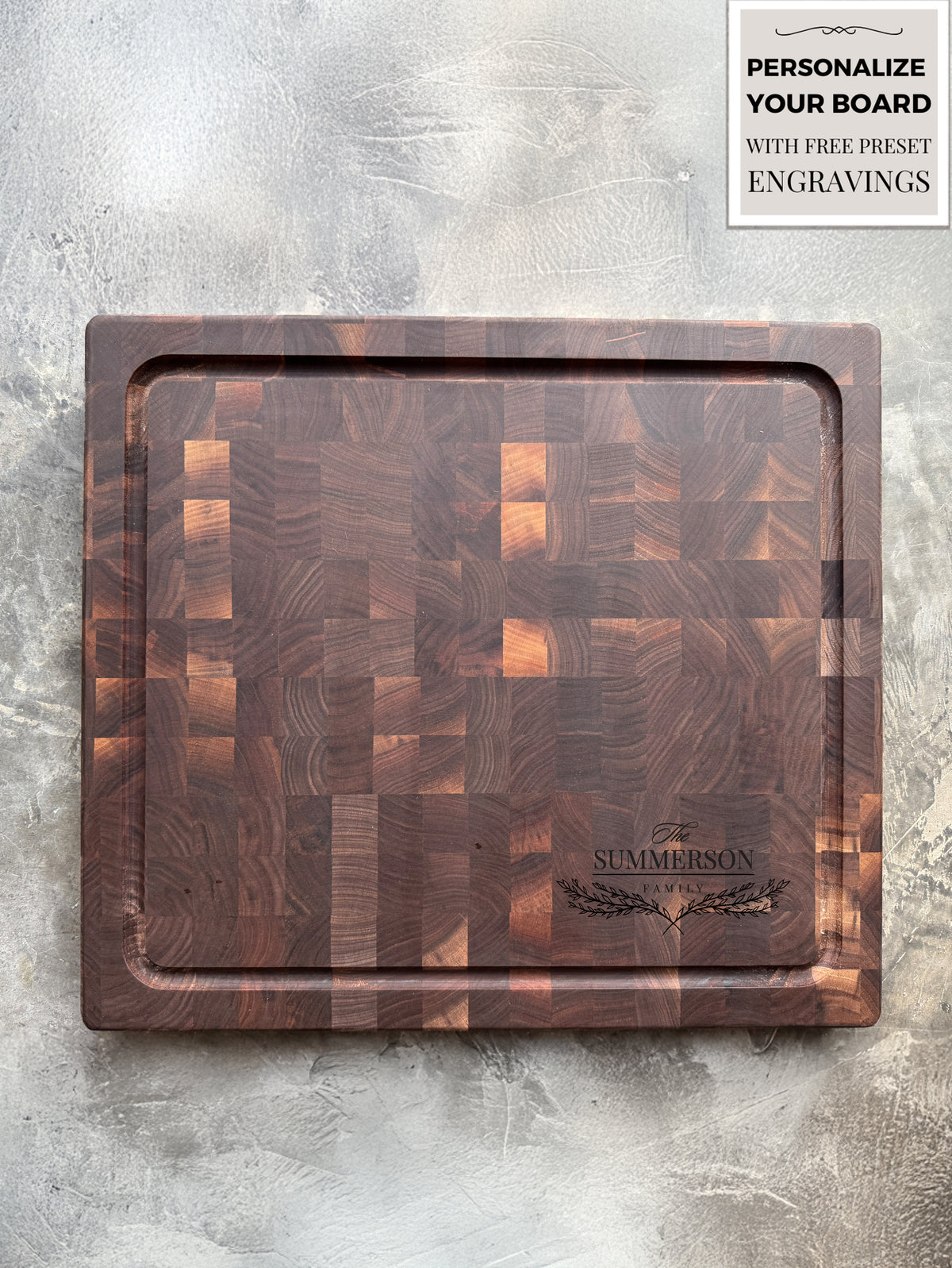 Personalized Cutting Boards, End Grain Walnut and Maple Custom Engraved Boards.