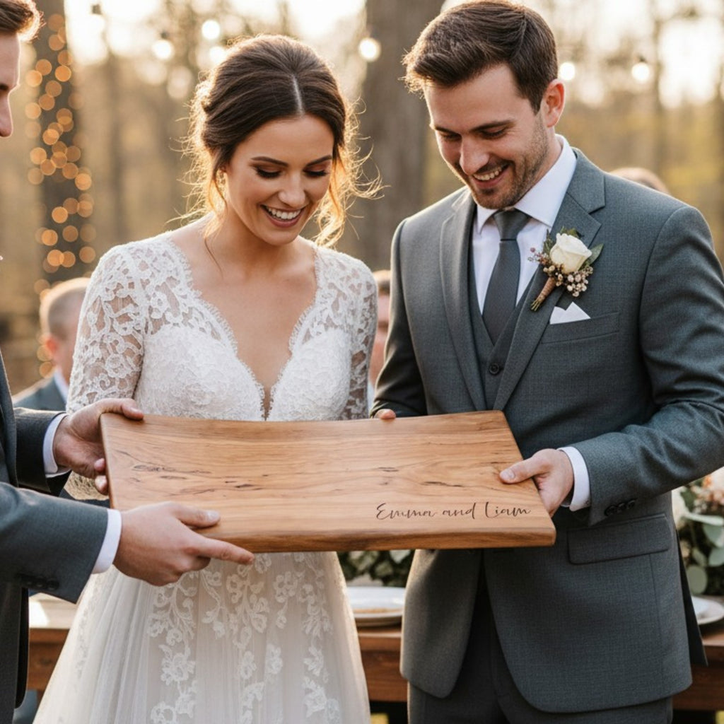 Wedding couple holding a wooden cutting board with engraved personalization.