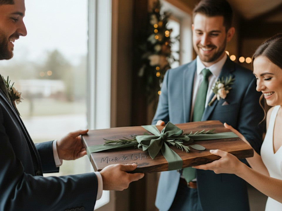 Man presenting a personalized walnut live edge charcuterie board with a green ribbon as a wedding gift for a couple.