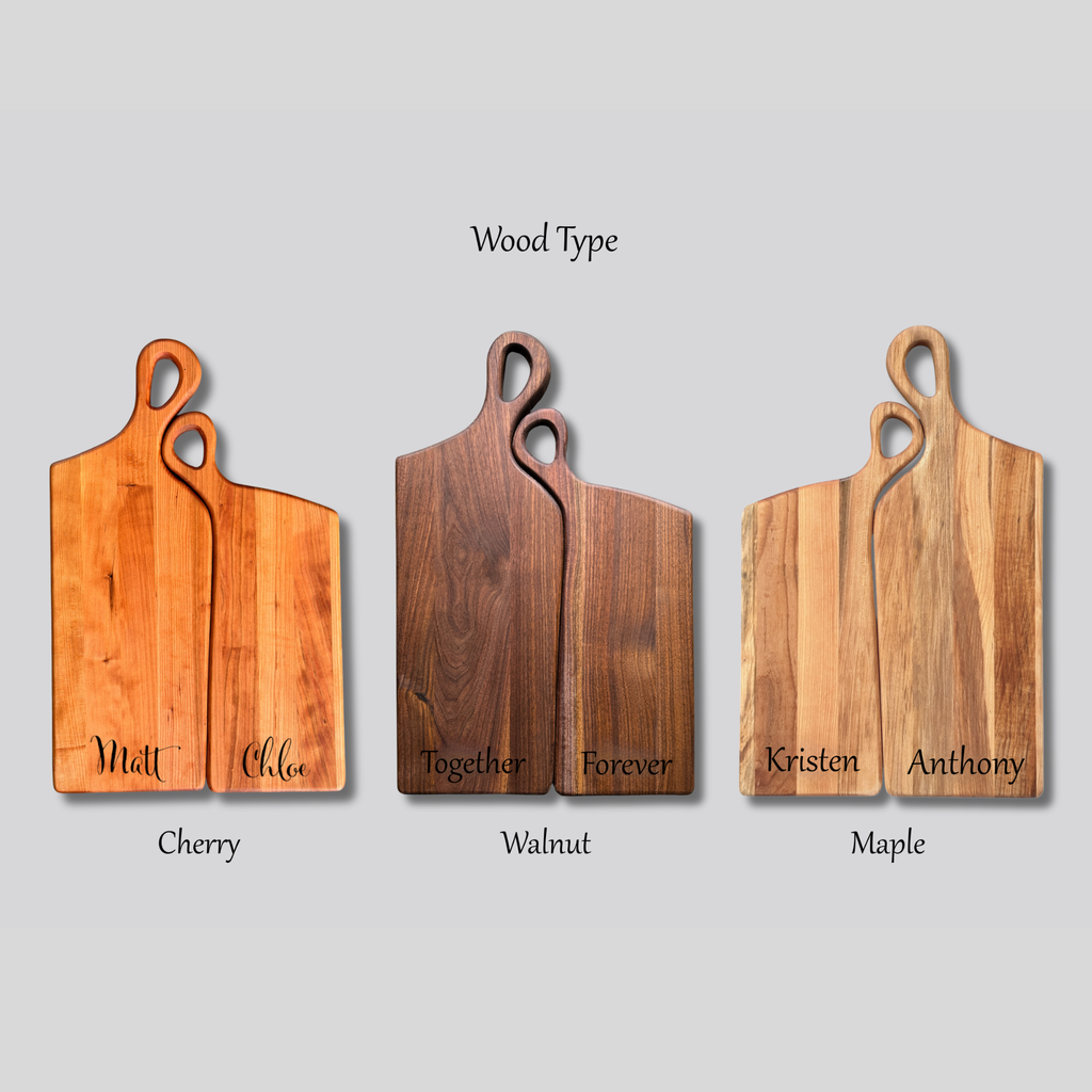 Wood type comparison for personalized nesting cutting boards available in cherry, walnut and maple wood.