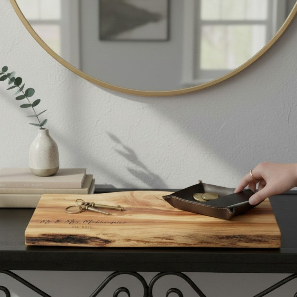 A decorative wooden tray is displayed with a vase and books in the background. Front foyer home decor.